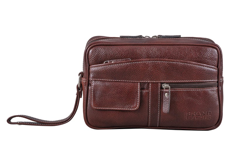 BRAND LEATHER Genuine Leather Toiletry Bag Cash Pouch/Money Carrying Pouch/Handbags/Multipurpose Travel Pouch (BROWN) - Image 1