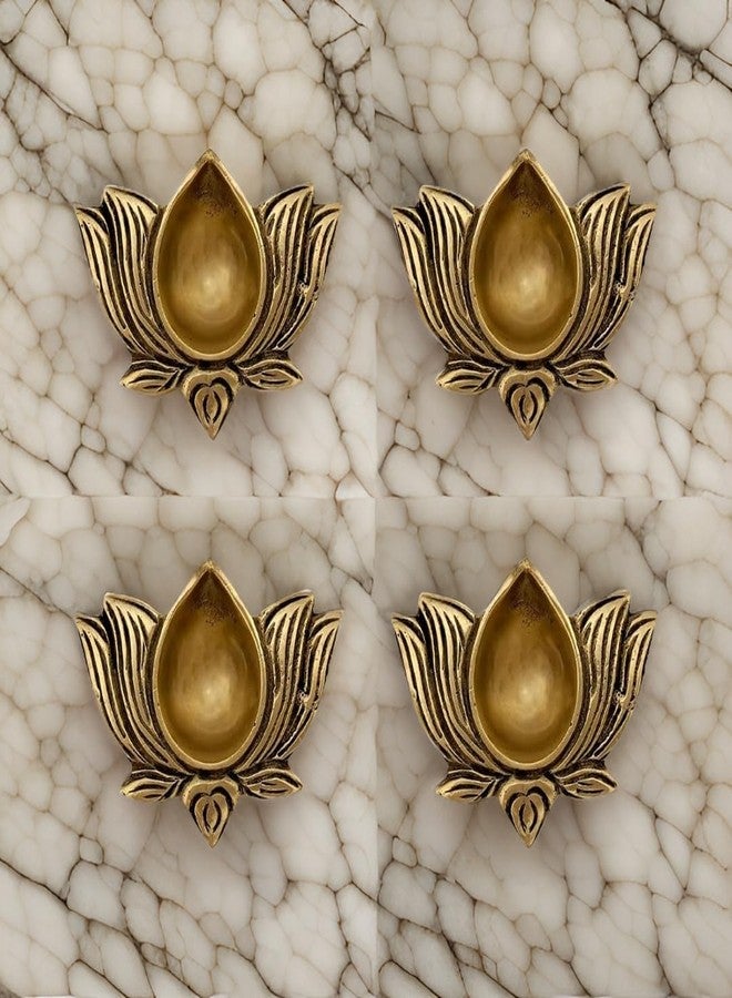 D Brasso Brass Diya in The Shape of a Lotus, Home Decorative Item, Ideal for Gifting, Lotus Brass Oil Lamp for Pooja, Perfect for Housewarming Presents (Pack of 4, Standard, Antique Golden).