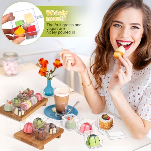 CHENGU 150 Set 5 Oz Square Dessert Cups Clear Plastic Cups with Lids and Spoons Disposable Dessert Tumbler for Parfait Ice Cream Appetizers Puddings Fruit Mousse Party SuppliesFlat Cover - Image 3