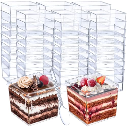 CHENGU 150 Set 5 Oz Square Dessert Cups Clear Plastic Cups with Lids and Spoons Disposable Dessert Tumbler for Parfait Ice Cream Appetizers Puddings Fruit Mousse Party SuppliesFlat Cover - Image 1