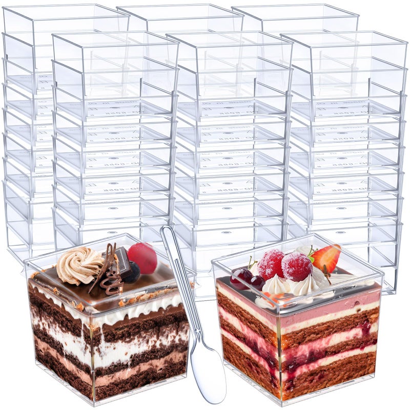 CHENGU 150 Set 5 Oz Square Dessert Cups Clear Plastic Cups with Lids and Spoons Disposable Dessert Tumbler for Parfait Ice Cream Appetizers Puddings Fruit Mousse Party SuppliesFlat Cover - Image 2