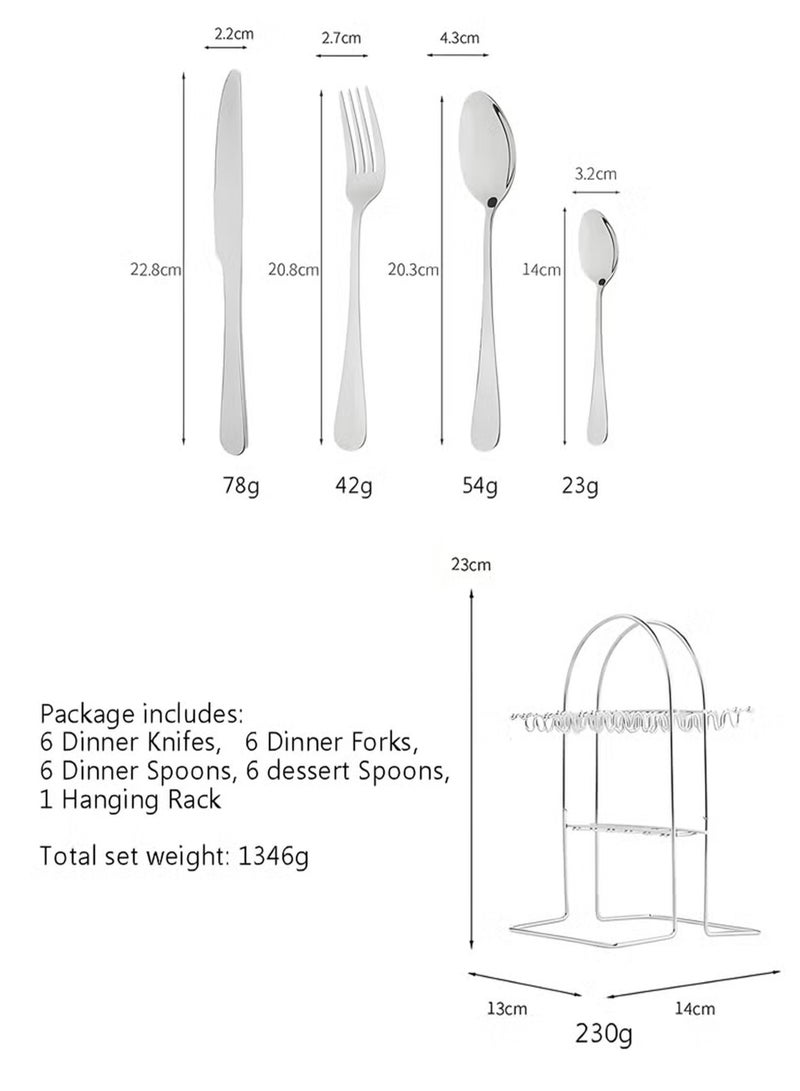طقم أدوات مائدة مكون من 24 قطعة مع حامل أدوات مائدة مع سكين وشوكة وملعقة طقم أدوات طعام مثالي للمنزل والفندق والمطعم والمزيد