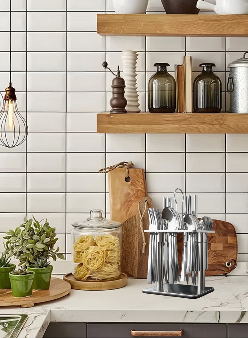 طقم أدوات مائدة مكون من 24 قطعة مع حامل أدوات مائدة مع سكين وشوكة وملعقة طقم أدوات طعام مثالي للمنزل والفندق والمطعم والمزيد