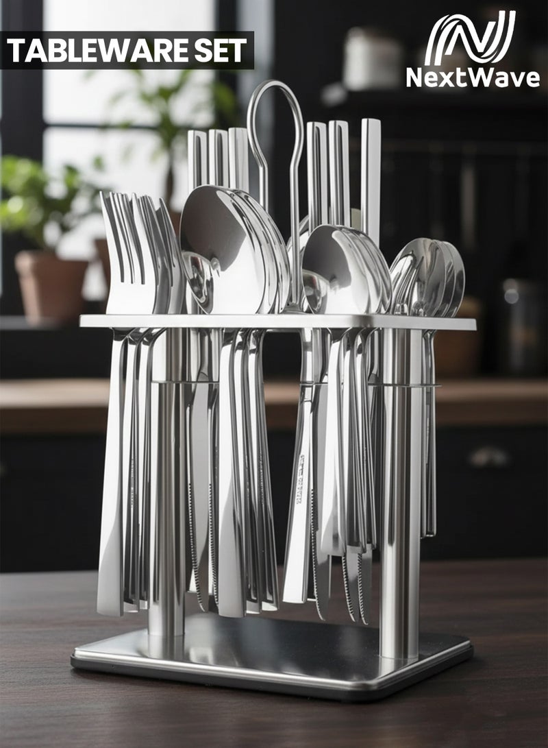 NextWave Cutlery Set 24 Pieces Tableware Set with Holding Stand Flatware Set with Knife Fork Spoon - Perfect For Home Hotel Restaurant & More - Image 1