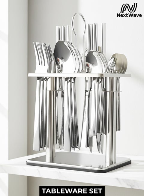 طقم أدوات مائدة مكون من 24 قطعة مع حامل أدوات مائدة مع سكين وشوكة وملعقة طقم أدوات طعام مثالي للمنزل والفندق والمطعم والمزيد
