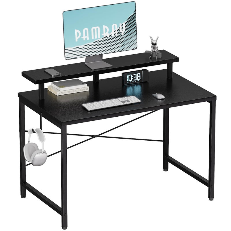 Pamray 32 Inch Small Computer Desk with Monitor Stand, Simple Office Desk with Headphone Hook for Small Spaces, Kids Study Writing Table for Bedroom, Black - Image 1