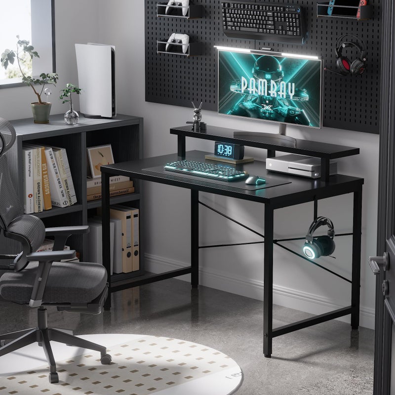 Pamray 32 Inch Small Computer Desk with Monitor Stand, Simple Office Desk with Headphone Hook for Small Spaces, Kids Study Writing Table for Bedroom, Black - Image 2