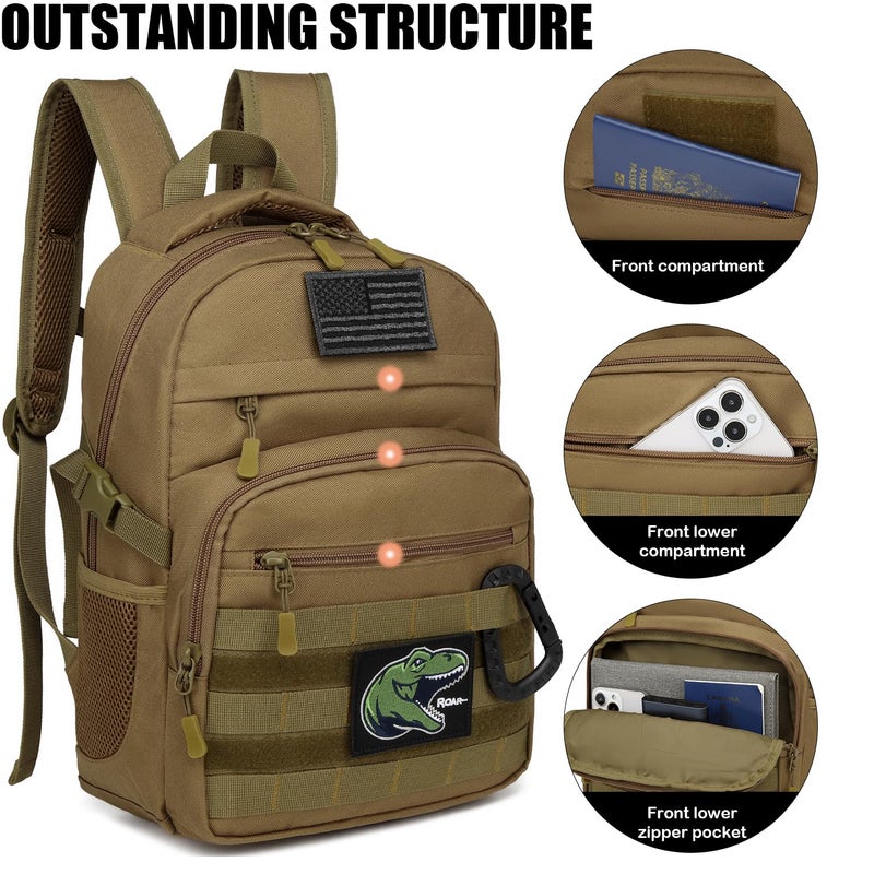 SunForMorning Kids Tactical Backpack Army Molle Bookbag Military Boys Backpack for School, Outdoor, Camping (Includes 2 Patches +1 Carabiner), Brown - Image 3