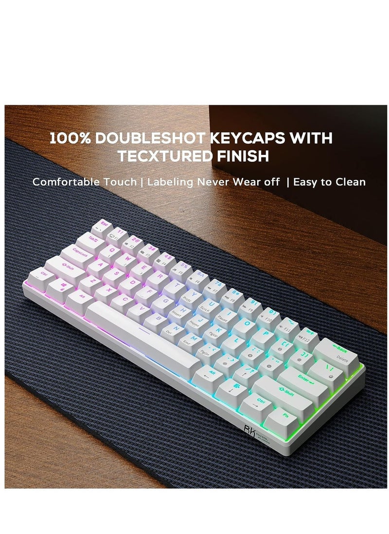 Royal Kludge Rk 61 2.4Ghz Wireless/Bluetooth/Wired 60% Mechanical Keyboard, 61 Keys Rgb Hot Swappable Brown Switch White Gaming Keyboard With Software For Win/Mac