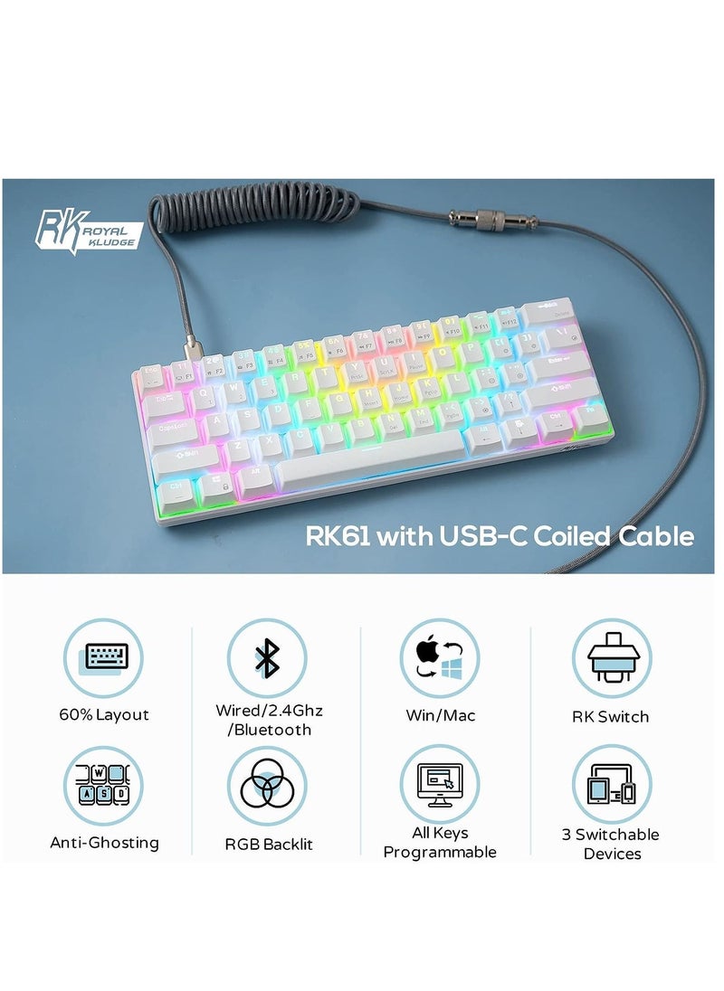 Royal Kludge Rk 61 2.4Ghz Wireless/Bluetooth/Wired 60% Mechanical Keyboard, 61 Keys Rgb Hot Swappable Brown Switch White Gaming Keyboard With Software For Win/Mac