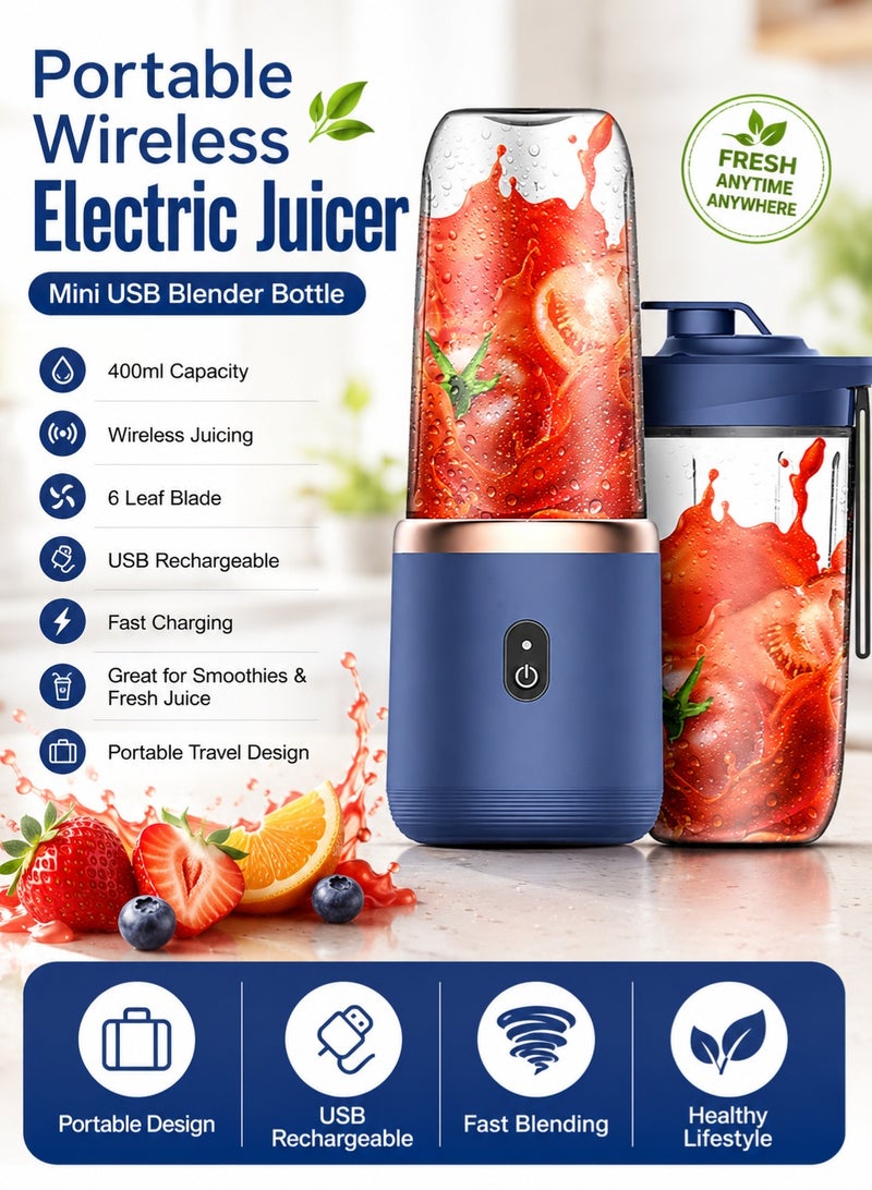 BGM Electric Personal Juicer Blender - Portable Travel Juicer Cup Food Fruit Smoothie Maker Mixer Rechargeable 400ml | Wireless Juicing | 6 Leaf Blade | Fast Charging - Image 1