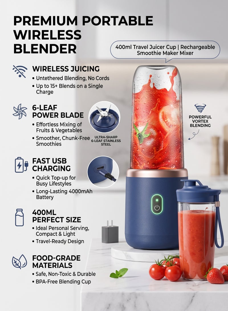 BGM Electric Personal Juicer Blender - Portable Travel Juicer Cup Food Fruit Smoothie Maker Mixer Rechargeable 400ml | Wireless Juicing | 6 Leaf Blade | Fast Charging - Image 2