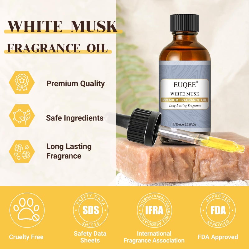EUQEE White Musk Fragrance Oils for Home Aromatherapy, Premium Fragrance Oil with Glass Dropper for Diffusers, Candle & Soap Making, Bath Bombs (2.02 Fl oz/60 ml) - Image 4