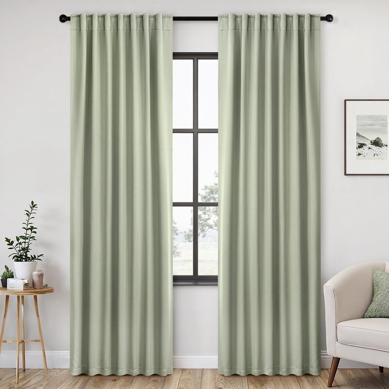 ANRODUO Rod Pocket and Back Tab Pleated Blackout Curtains with Hooks, Rings, Sage Green Curtains 84 Inches Long 2 Panels, Thermal Insulated Room Darkening Living Room Bedroom Curtain, 42x84 Inches - Image 1