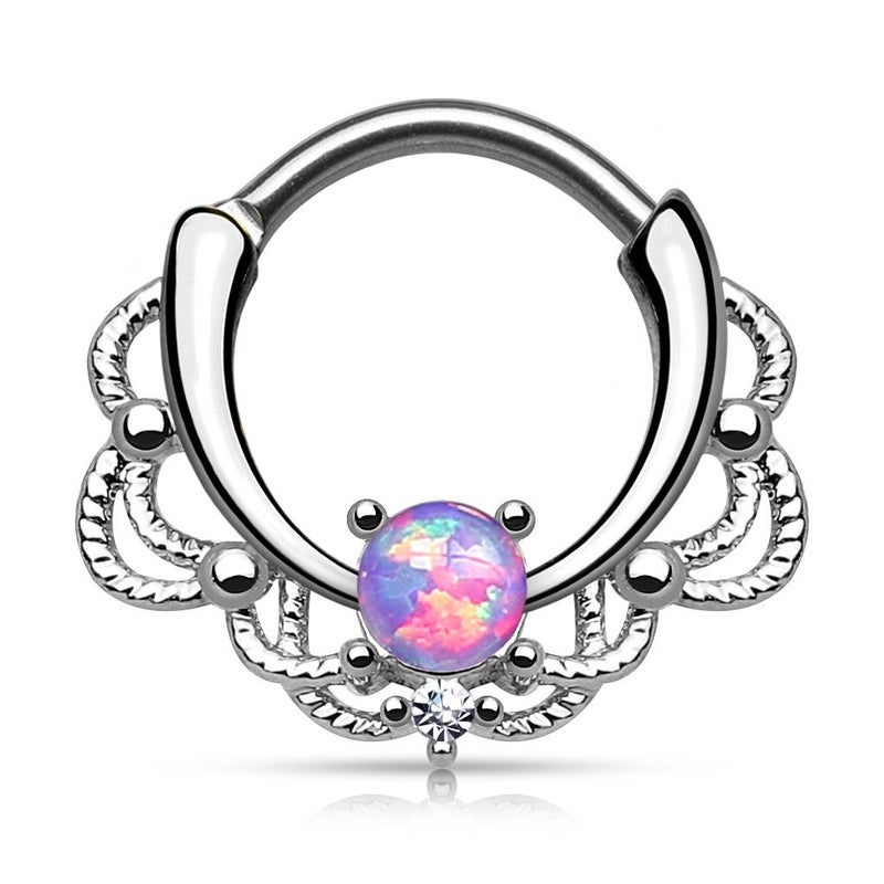 Pierced Owl 16GA Stainless Steel Lacey Synthetic Single Opal Septum Clicker Ring (Purple) - Image 1