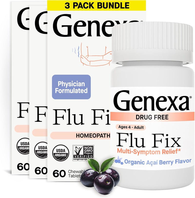 Genexa Flu Fix  MultiSymptom Flu Remedy for Kids  Adults  Delicious Organic Acai Berry Flavor  Certified Organic  NonGMO  Homeopathic Remedy Made Clean  180 Chewable Tablets 3 Pack - Image 1
