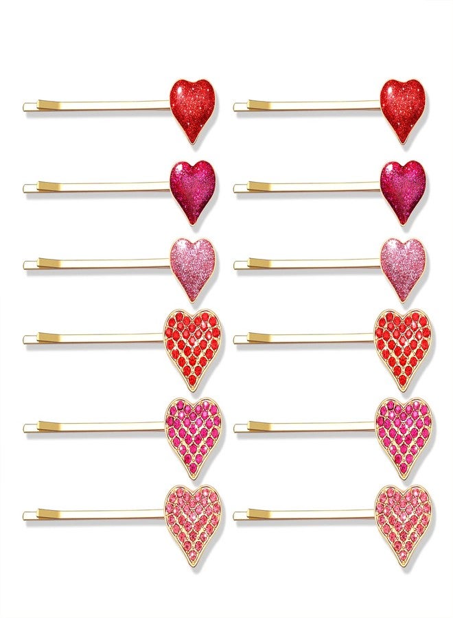 Boderier 12 Pack Valentine's Day Heart Bobby Pins Red Enamel Rhinestone Heart Hairpin Hair Slide Barrettes Styling Hair Accessories Gifts for Women Girls (Red Fuchsia Pink) - Image 1