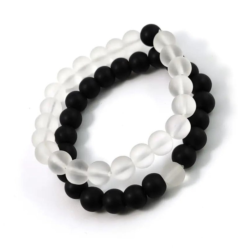 MEENAZ Bracelet for Women Men boys Fashion White Black Beads Bracelets Couple Bracelets Strechable Adjustable Jewellery Birthday Gift Anniversary Wife Husband Stone Couples Combo Best Friend black 363 - Image 1