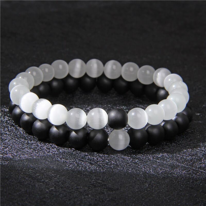 MEENAZ Bracelet for Women Men boys Fashion White Black Beads Bracelets Couple Bracelets Strechable Adjustable Jewellery Birthday Gift Anniversary Wife Husband Stone Couples Combo Best Friend black 363 - Image 2