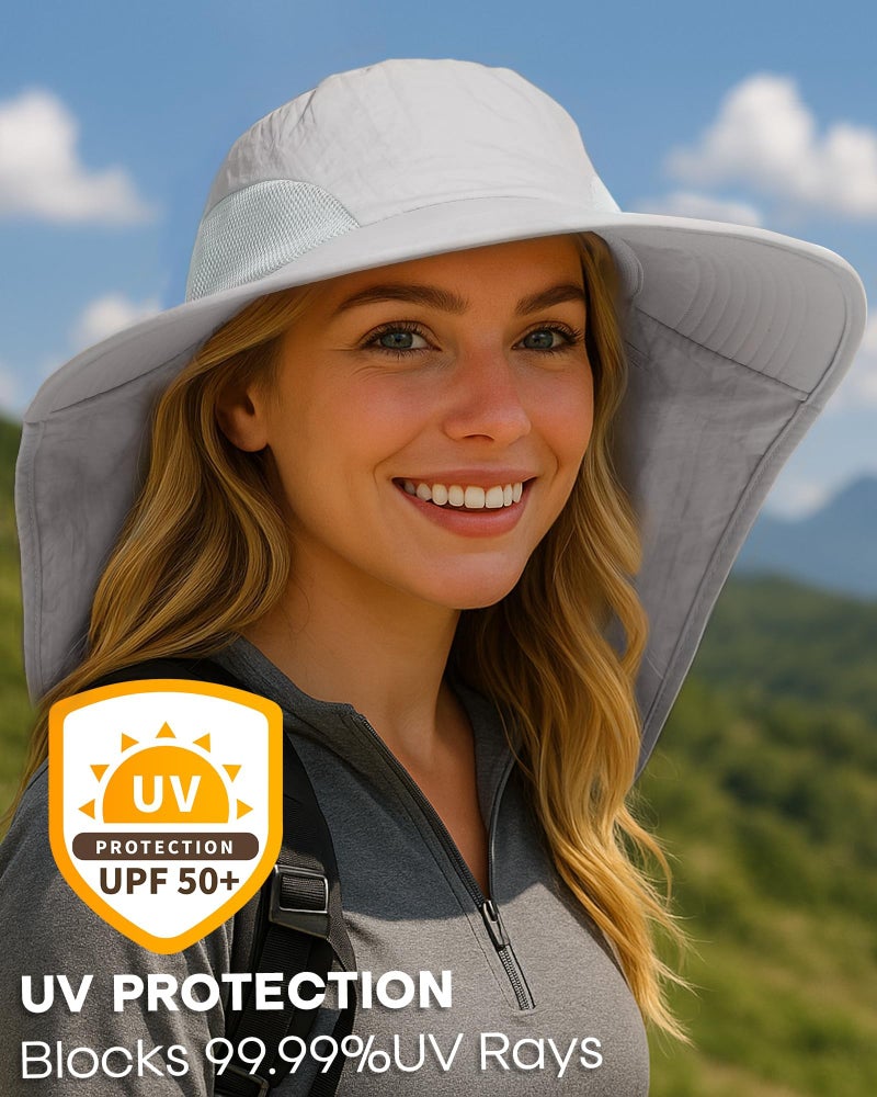 Camptrace Sun Hats for Women Men UPF 50+ UV Protection Wide Brim Hiking Fishing Hat with Neck Flap, Light Grey - Image 2