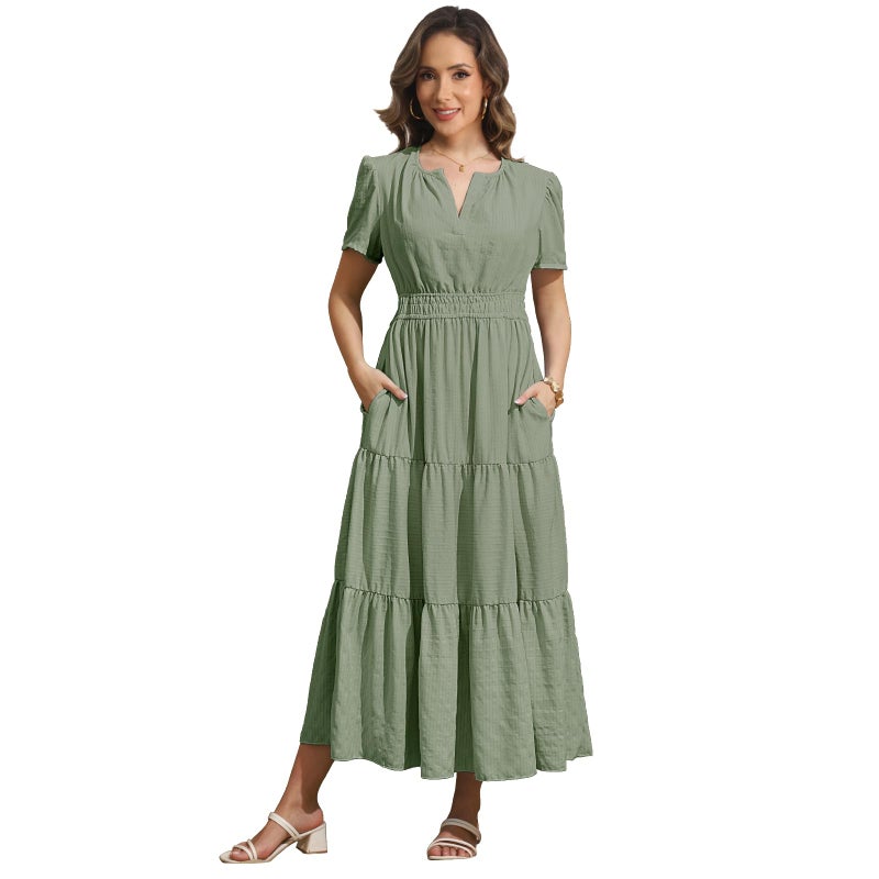 Rainday Womens Casual Maxi Dresses Fashion Holiday Short Sleeved Elastic Waist Beach Boho Dress with Pockets(Z3918GN,XL) - Image 3