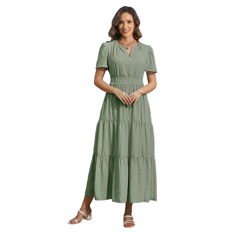 Rainday Womens Casual Maxi Dresses Fashion Holiday Short Sleeved Elastic Waist Beach Boho Dress with Pockets(Z3918GN,XL) - Image 2