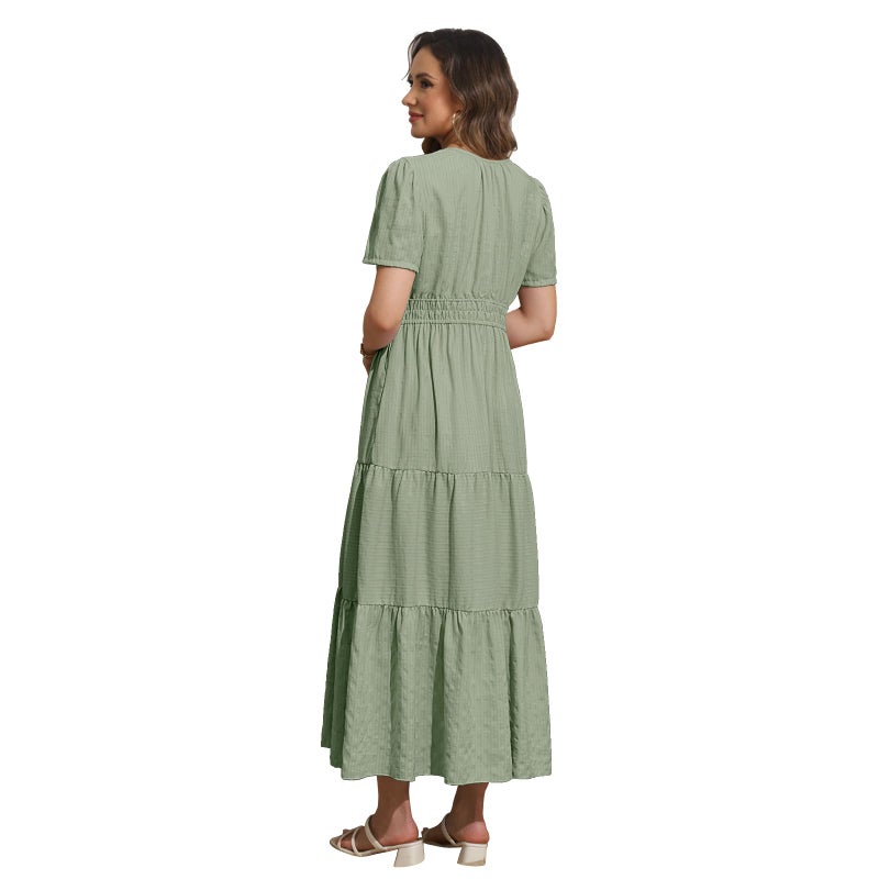 Rainday Womens Casual Maxi Dresses Fashion Holiday Short Sleeved Elastic Waist Beach Boho Dress with Pockets(Z3918GN,XL) - Image 4