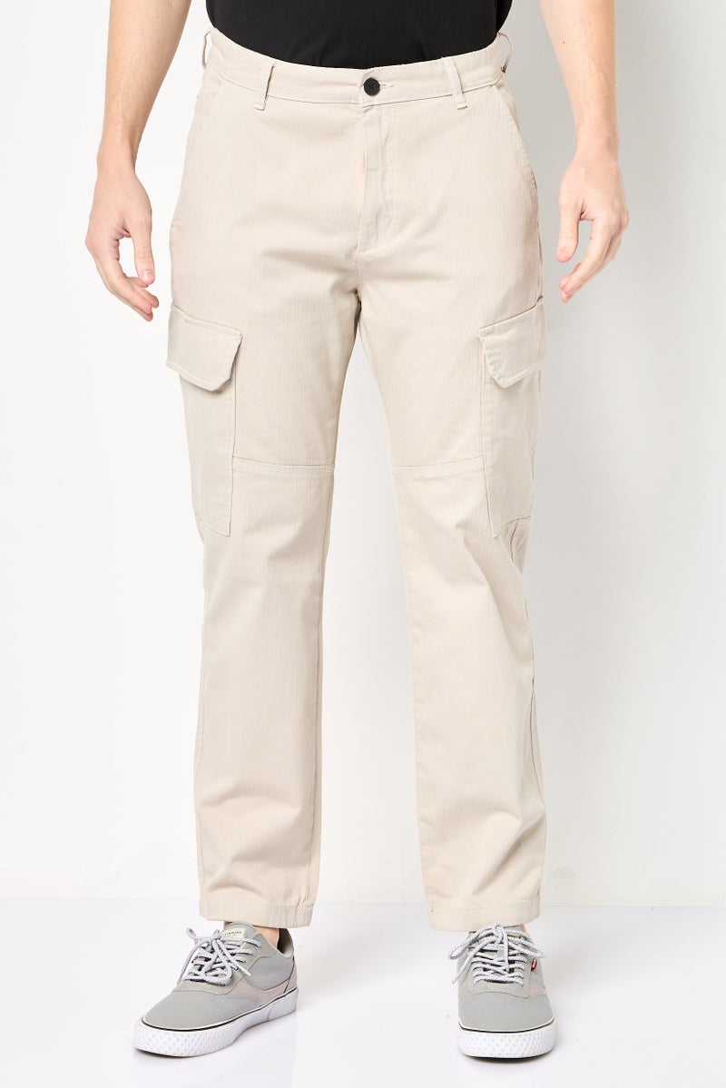 DKNY Men Regular Fit Textured Cargo Pants, Beige - Image 1