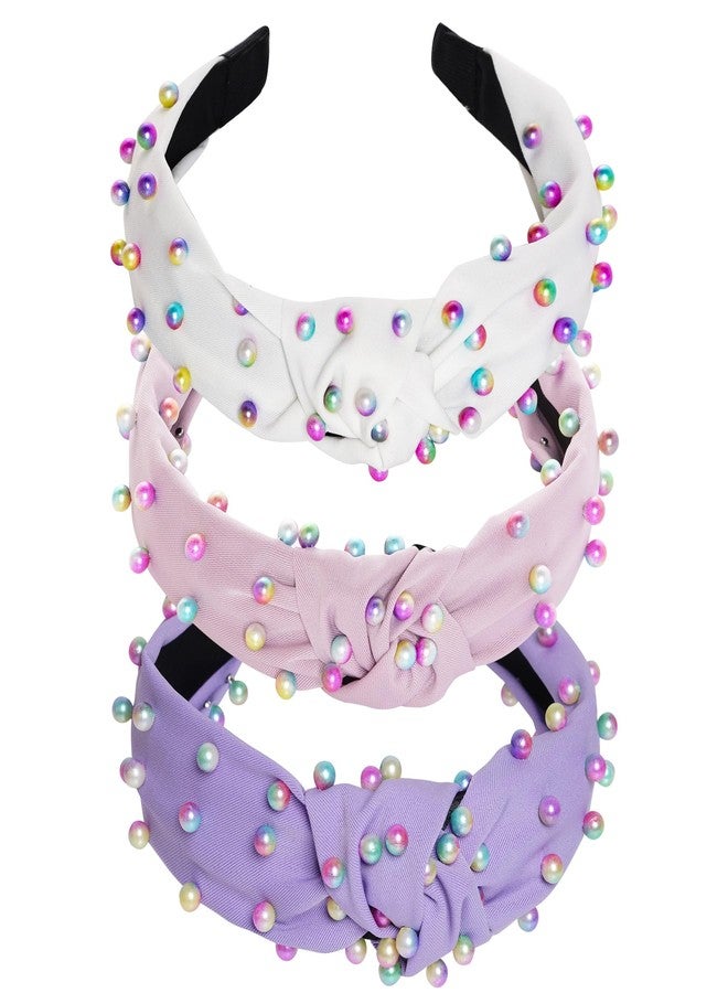 Sucrain 3 Pcs Pearl Knotted Headbands for Women Girls Colorful Jeweled Embellished Gem Faux Pearl Cross Knot Twisted Hairband Turban Headband Hair Accessories(Purple,Pink,White) - Image 1