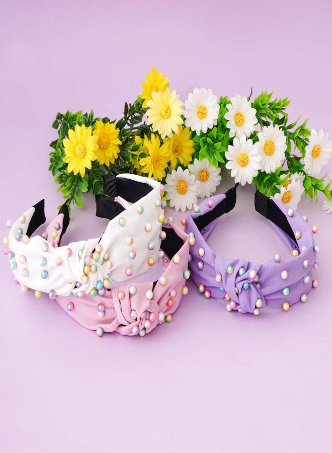 Sucrain 3 Pcs Pearl Knotted Headbands for Women Girls Colorful Jeweled Embellished Gem Faux Pearl Cross Knot Twisted Hairband Turban Headband Hair Accessories(Purple,Pink,White) - Image 5
