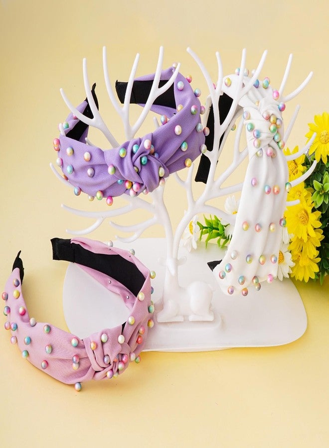 Sucrain 3 Pcs Pearl Knotted Headbands for Women Girls Colorful Jeweled Embellished Gem Faux Pearl Cross Knot Twisted Hairband Turban Headband Hair Accessories(Purple,Pink,White) - Image 4