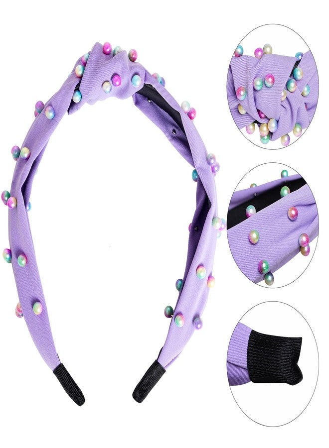 Sucrain 3 Pcs Pearl Knotted Headbands for Women Girls Colorful Jeweled Embellished Gem Faux Pearl Cross Knot Twisted Hairband Turban Headband Hair Accessories(Purple,Pink,White) - Image 3