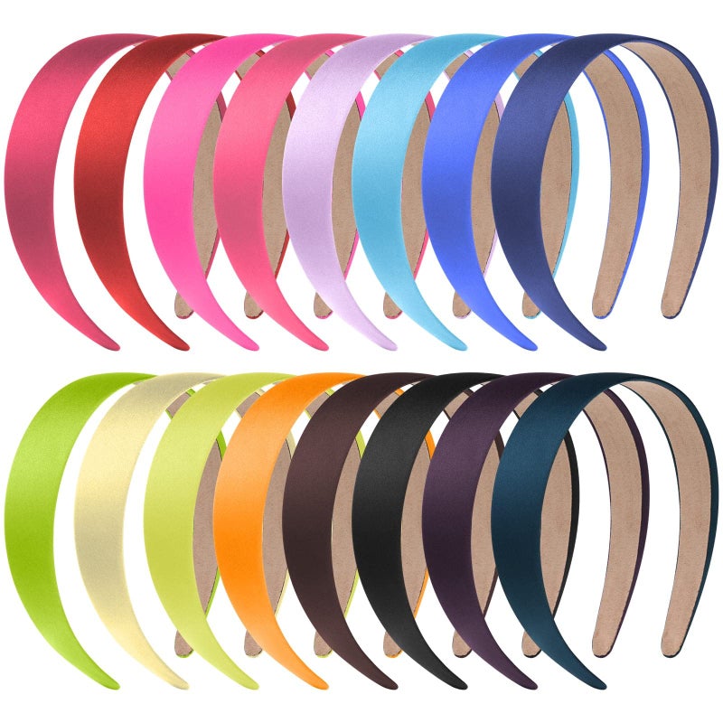 anezus 16 Pcs Satin Headbands Bulk 1 Inch Anti-slip Ribbon Hair Bands Plain Hard Headbands for Women Girls DIY Craft Hair Accessories (Multicolor) - Image 1