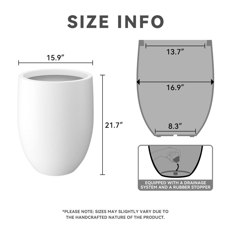 Kante 21.7" H Pure White Concrete Tall Planter, Large Outdoor Indoor Decorative Pot with Drainage Hole and Rubber Plug, Modern Round Style for Home and Patio - Image 2