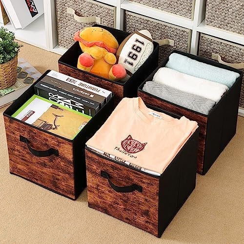 Stero Fabric Storage Cubes, 6 Pack Foldable Storage Bins with Handle, 13 Inch Box for Shelves, Closet, Organizer, Rustic Brown and Black - Image 5