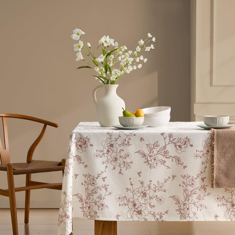 OMMATO French Linen Rectangle Tablecloth Floral Table Cloth with Brown Flowers Pattern Burlap Textured Farmhouse Vintage Rustic Outdoor Table Cover for Picnic,Dining,Party,Home Decor 55x84 Inch - Image 4