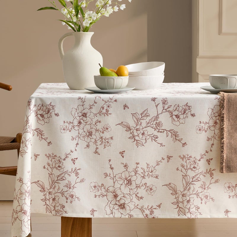 OMMATO French Linen Rectangle Tablecloth Floral Table Cloth with Brown Flowers Pattern Burlap Textured Farmhouse Vintage Rustic Outdoor Table Cover for Picnic,Dining,Party,Home Decor 55x84 Inch - Image 1