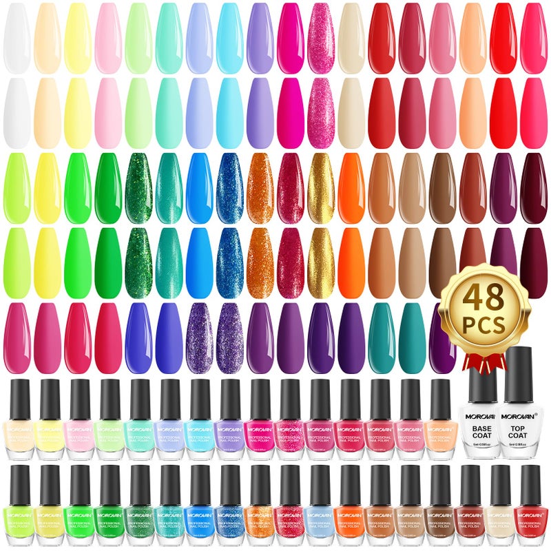 Morovan Nail Polish Set Fingernail: 48PC Air Quick Dry Nail Polish Kit with 2PC Base Top Coat Regular Nail Pack Finger Nail Bulk Gift for Women Girls - Image 1