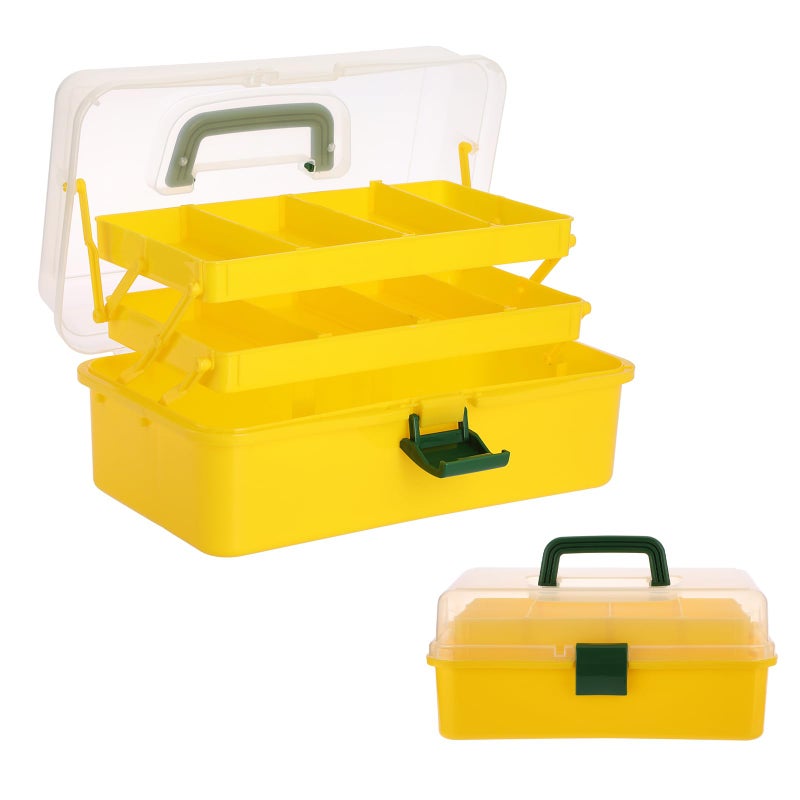 بي تي سكاي صندوق تخزين بلاستيكي مقسم ثلاثي الطبقات من BTSKY، منظم أدوات حرفية مع فواصل قابلة للتعديل، منظم أدوات فنية محمول بمقبض، صندوق متعدد الأغراض للاستخدام المنزلي للخياطة (أصفر + أخضر) - Image 1