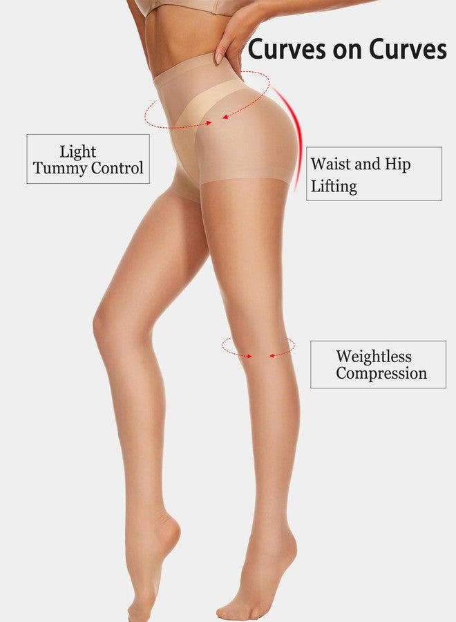 جوارب نسائية شفافة من كوزي واو، عبوة من قطعتين، جوارب رفيعة للغاية للتحكم في الجزء العلوي، جوارب طويلة 20 دينير بخصر عالٍ (لون بيج + أسود، مقاس صغير) - Image 4