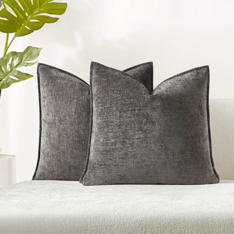 JUSPURBET Set of 2 Dark Grey Chenille Throw Pillow Covers 26x26 Inch Soft Textured Decorative Cushion Cases for Couch Sofa Bed Solid Home Decor Pillowcases - Image 1