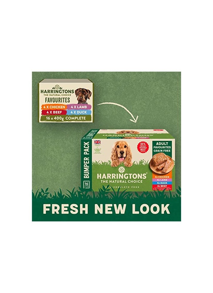 HARRINGTONS - Complete Wet Tray Grain Free Hypoallergenic Adult Dog Food Favourites Bumper Pack 16x400g - Chicken, Lamb, Beef & Duck - Made with All Natural Ingredients - Image 1