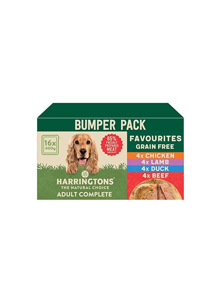 HARRINGTONS - Complete Wet Tray Grain Free Hypoallergenic Adult Dog Food Favourites Bumper Pack 16x400g - Chicken, Lamb, Beef & Duck - Made with All Natural Ingredients - Image 1