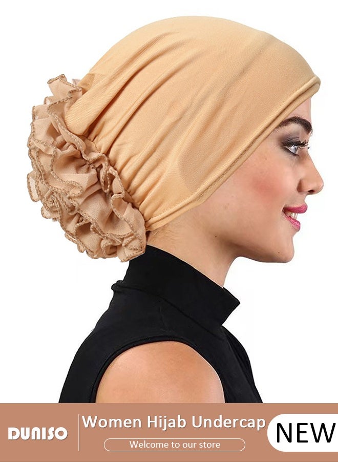 DUNISO Women Under Scarf Hijab Cap,Under Caps for Turban Head Wraps Scarf,Solid Color Hijab Stretch Hijab Hats,Undercap Head Wraps Beanie Hat with Floral Decoration Underscarf Hijab Cap for Women Girls  - Image 1