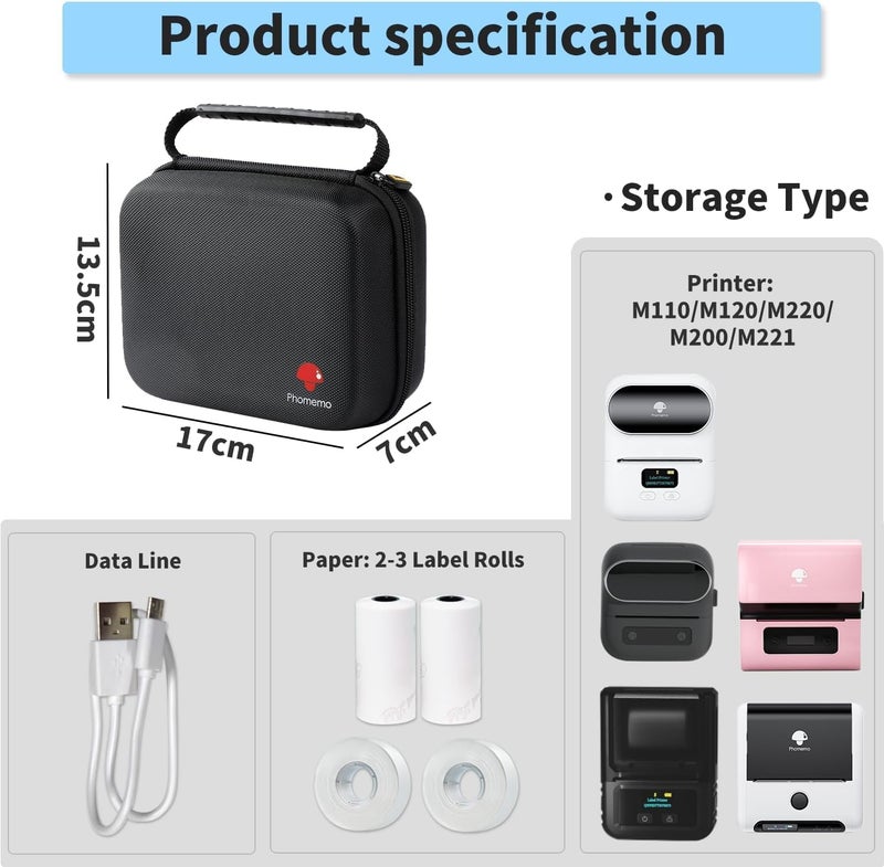 phomemo Printer Case Hard Carry Case Compatible With D30/T02/M110/M220/M221/M02 Label Printer, Label Maker Storage Holder - Black - Image 2