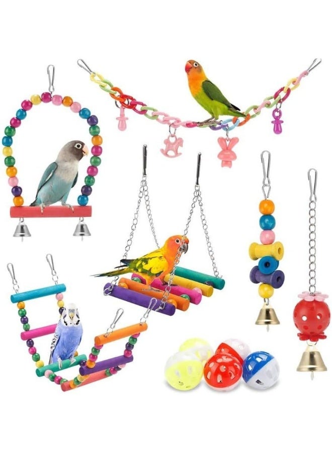 11Pcs Bird Toys Set for Parrots, Swing, Chewing Balls, Hanging Climbing Ladder, Colorful Wooden Beads, Cage Accessories for Cockatiels, Parakeets, Macaws, Budgies