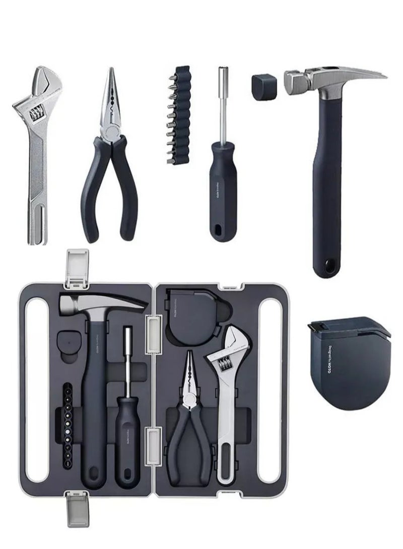 HOTO 5-Piece Hand Tool Set | Multipurpose Screwdriver | Magnetic Claw Hammer | Self-Lock Measuring Tape | Needle Nose Pliers | Adjustable Spanner | 10-Piece Alloy Bits – Silver - Image 1