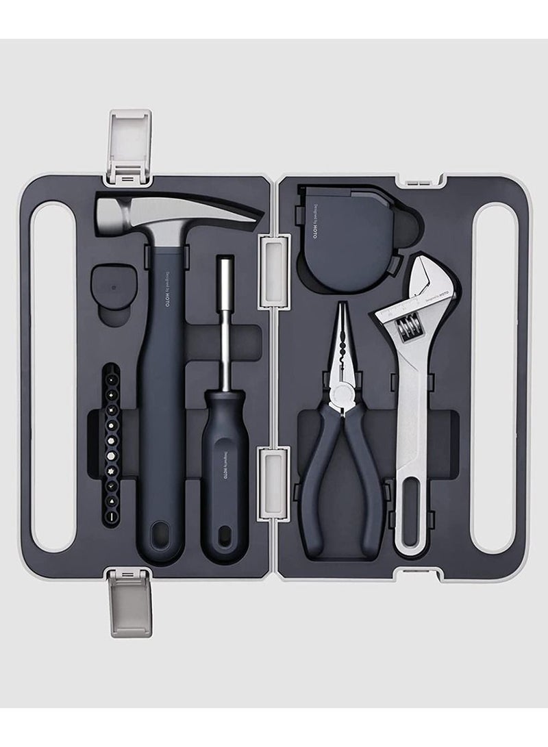 HOTO 5-Piece Hand Tool Set | Multipurpose Screwdriver | Magnetic Claw Hammer | Self-Lock Measuring Tape | Needle Nose Pliers | Adjustable Spanner | 10-Piece Alloy Bits – Silver - Image 2