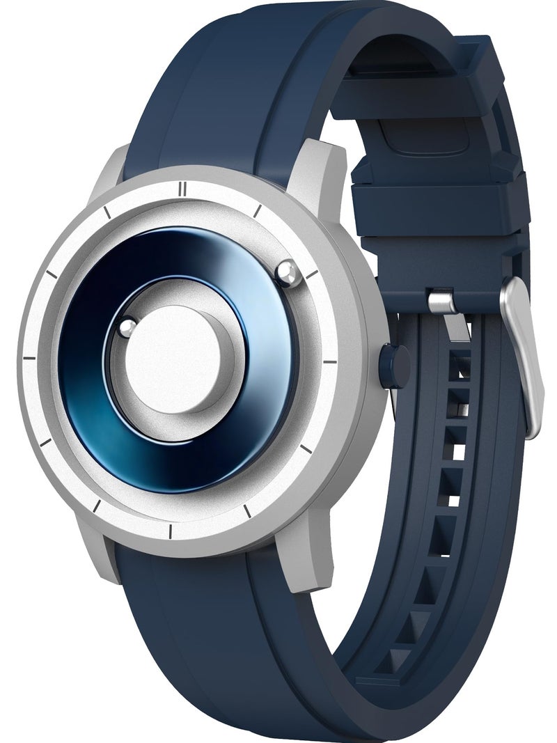 EUTOUR Magnetic Watches for Men 5ATM 40MM Specular Dial Quartz Magnet Watches with Ball Bearings and Silicone Watch Bands Idea for Men Unique Mens Wrist Analog Watch Silver Blue - Image 3