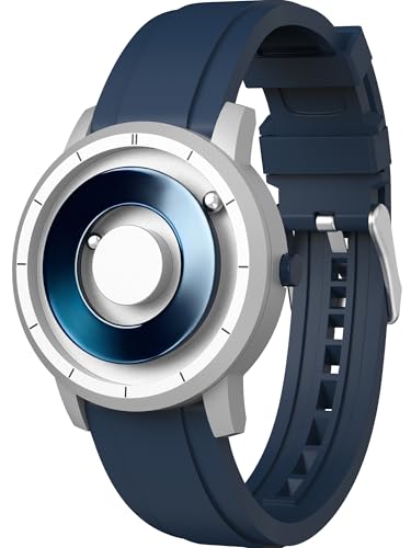 EUTOUR Magnetic Watches for Men 5ATM 40MM Specular Dial Quartz Magnet Watches with Ball Bearings and Silicone Watch Bands Idea for Men Unique Mens Wrist Analog Watch Silver Blue - Image 1